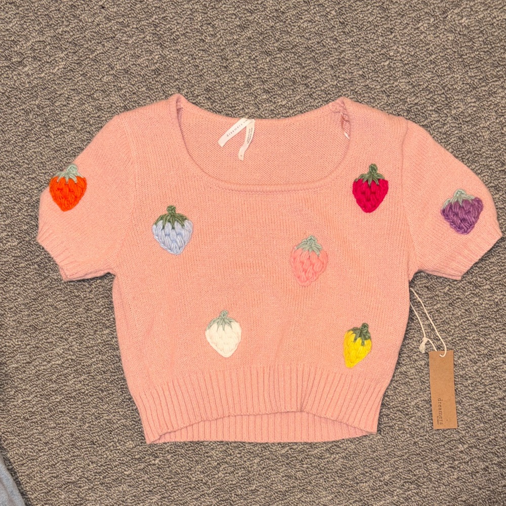 Women’s Pink Strawberry Embroidered Short Sleeve Tee
